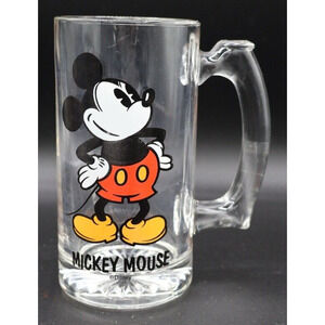 Vtg Walt Disney‎ Productions Mickey Mouse Heavy Clear Glass Mug Cup Stein 5 3/4"